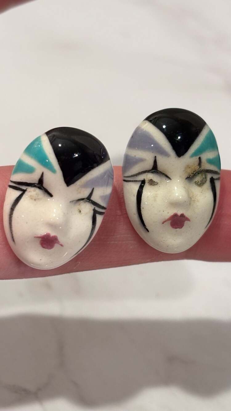 Vintage Adagio Hand-Painted Porcelain Pierrot Harlequin Face Stud Earrings